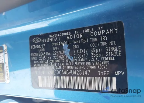 2017 Hyundai Tucson Se из США, поврежденный, VIN KM8J3CA48HU423147